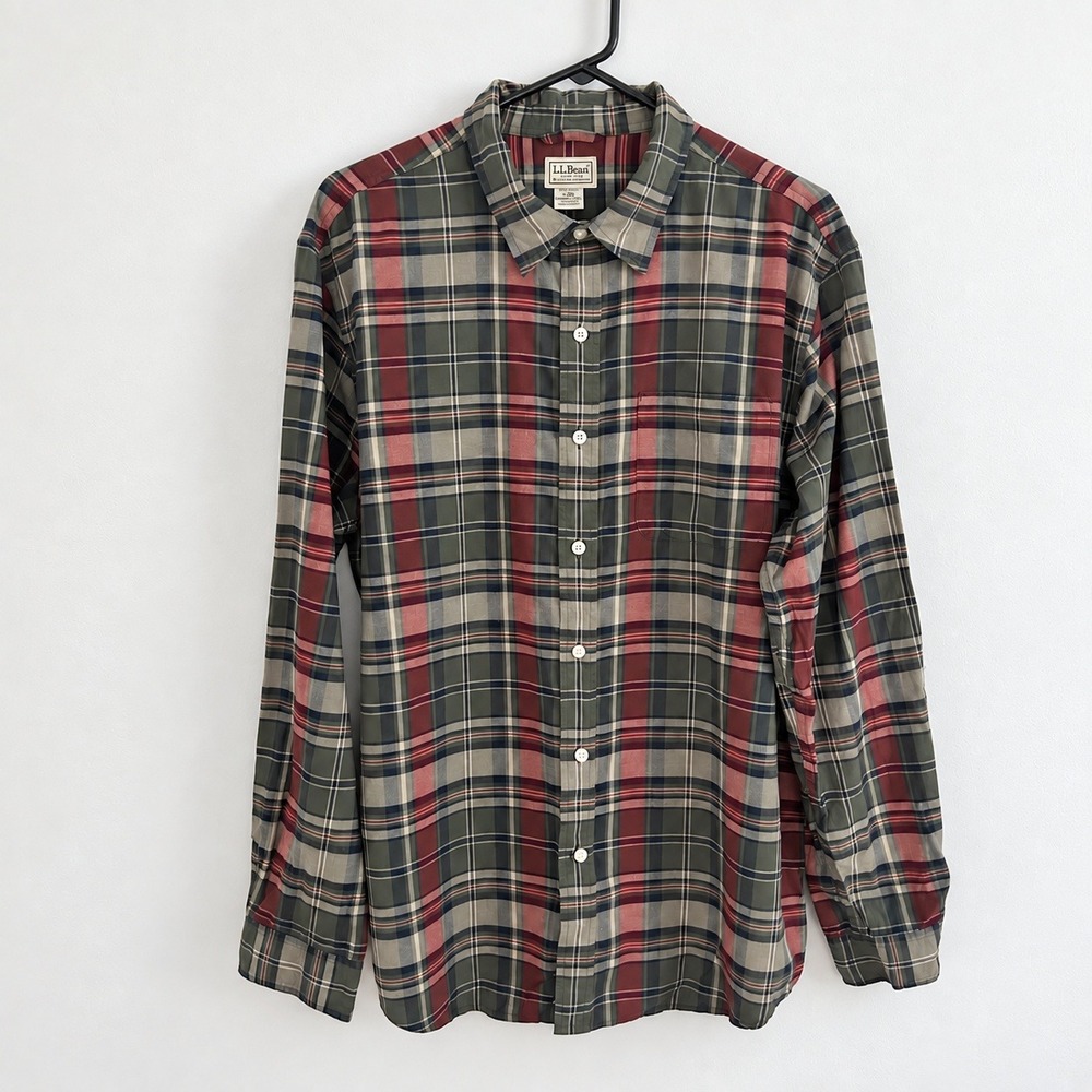LL Bean Mens Green Red Button Up Classic Plaid Chest Pocket Shirt Large